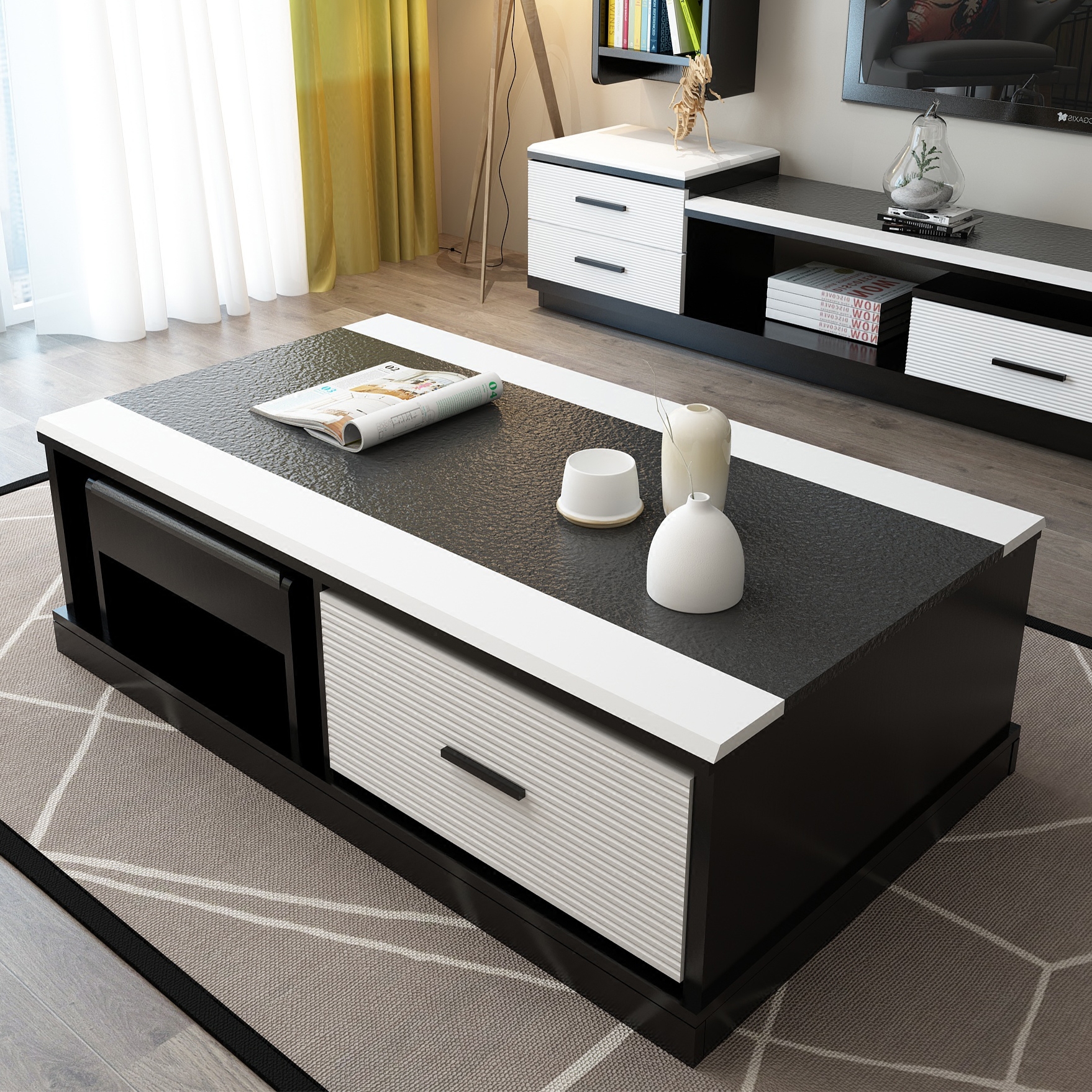 火烧简约大理石储物多功能户型大小现代黑白石茶几茶几