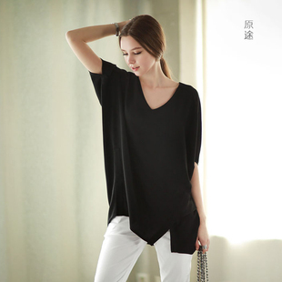 上衣原创设计师女装纯色文艺t恤宽松中长款显瘦v领棉麻不规则短袖