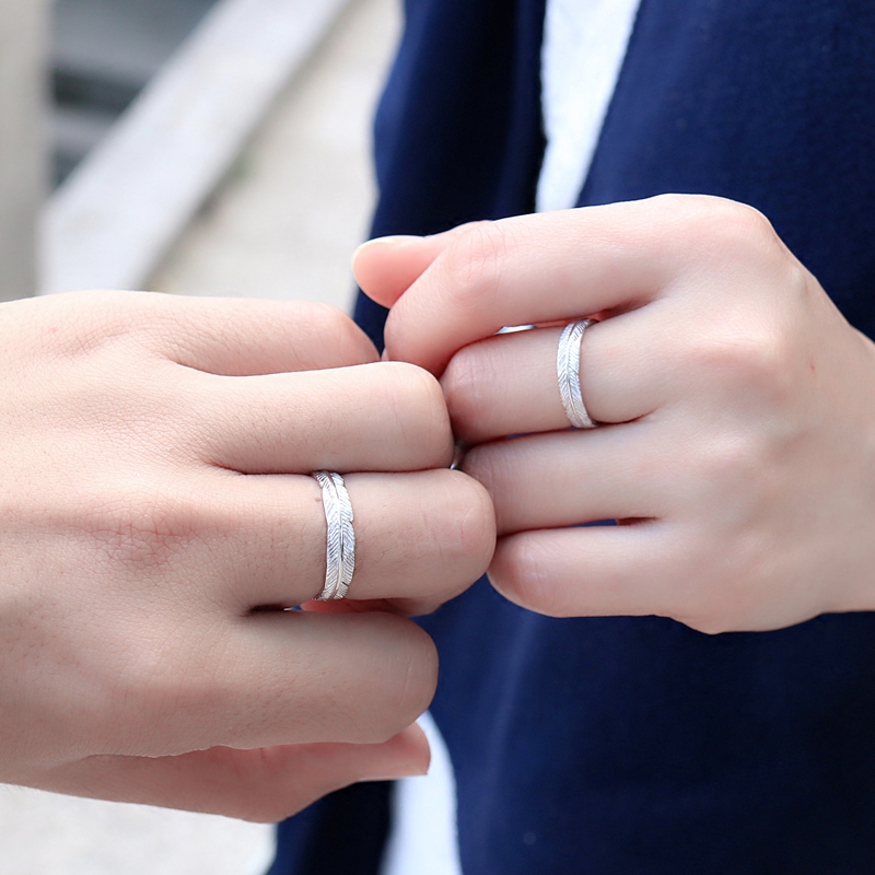 原创羽毛情侣戒指一对纯银刻字开口男女日韩版戒指