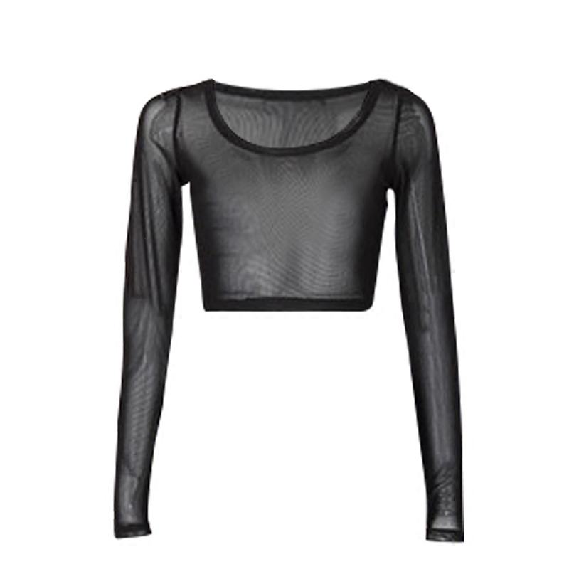 半截长袖蕾丝透明性感小衫女露脐衫低打底视网t恤