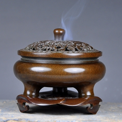 枣色迷你扁鬲式熏炉姑苏王明制宣德炉铜香炉已结缘证书