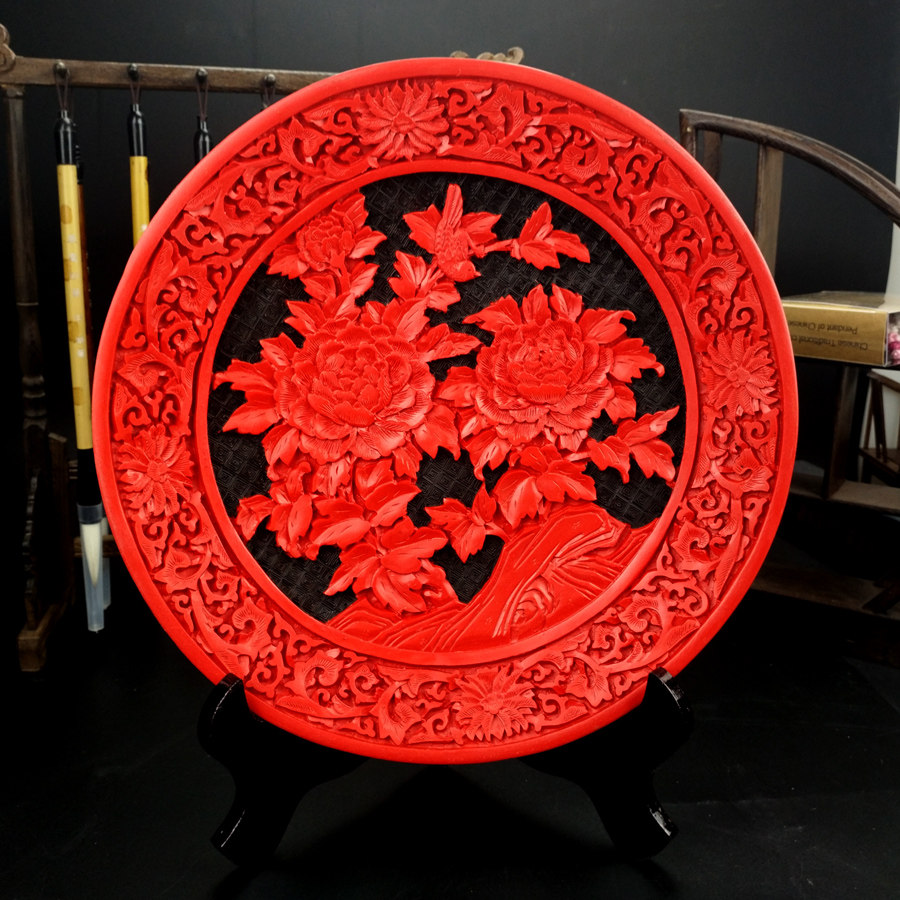 北京礼物老北京漆雕工艺 漆器 漆盘摆件12寸结婚礼物文化单位礼品