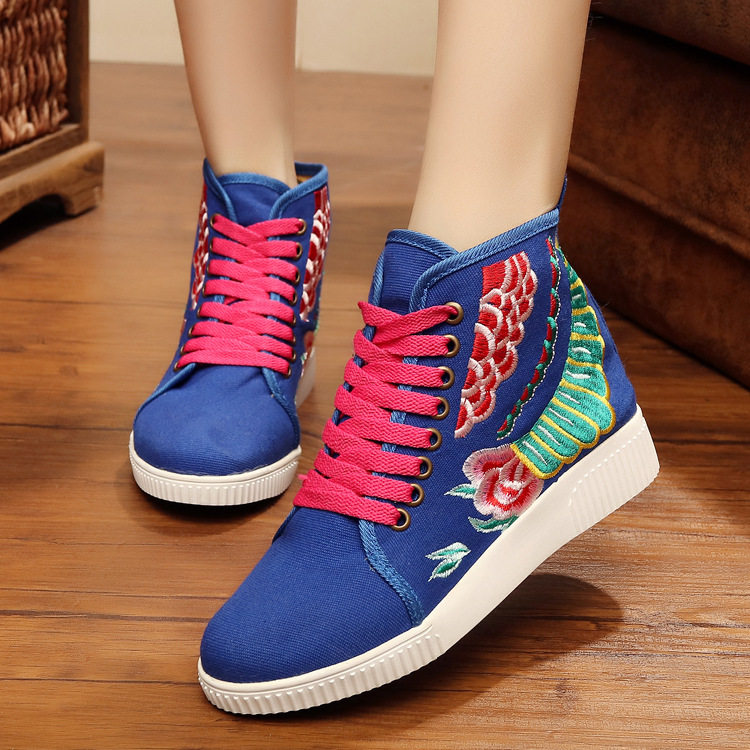 谭谭新款波点在望古典海浪图纹休闲高帮绑带布鞋