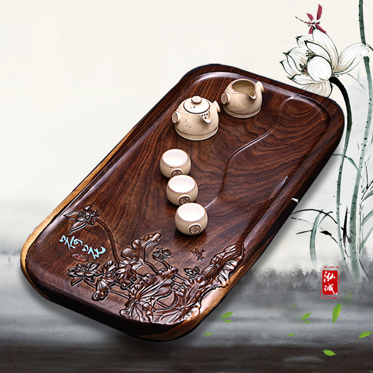 荷趣荷花荷叶茶盘实木大号整体平板家用办公室茶盘