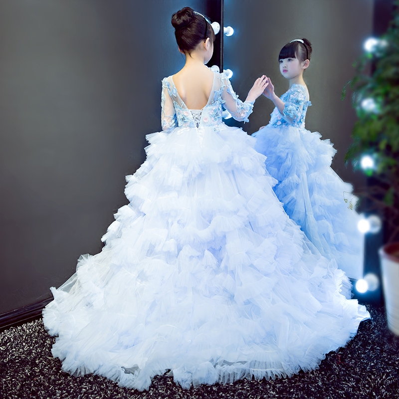 儿童礼服女童公主裙长袖花童拖尾婚纱演出服钢琴走秀蓬蓬裙礼服秋