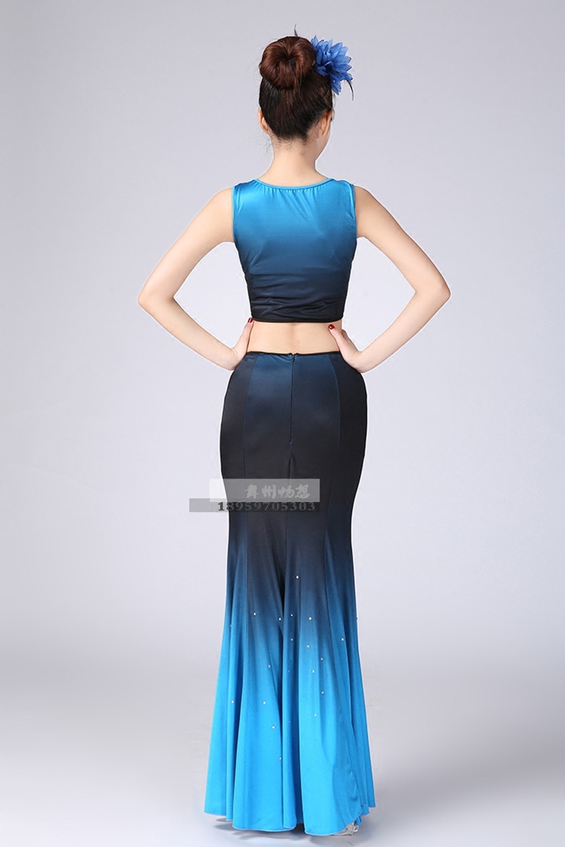 傣族舞蹈服孔雀舞修身包臀艺考演出服装渐变色民族鱼尾裙成人女