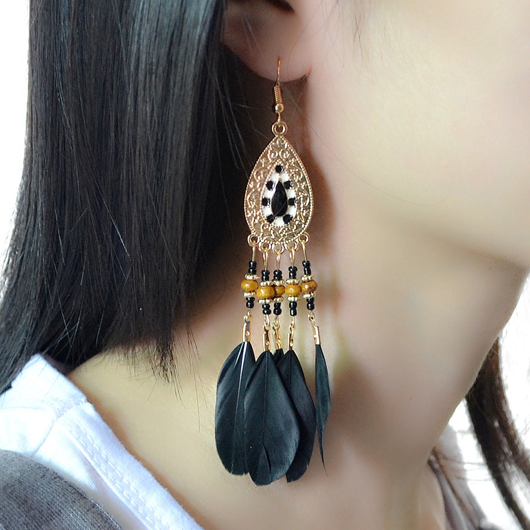 艾德维新品波西米亚民族风羽毛耳环米珠吊坠耳饰长款耳环