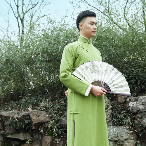 珂卡蝶影视古装张云雷同款相声服民国长衫青色棉麻长衫长袍演出服