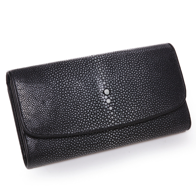 珍珠鱼皮新款黑色全磨钱包泰国rota女士厚长款钱包