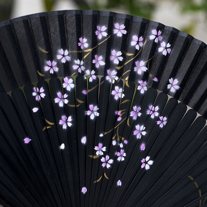 中国古风古典真丝黑金樱花折扇日式和风和服扇子