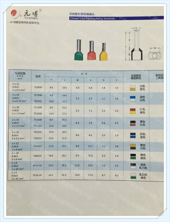 hs包邮te6014针型14mm管长压制6平方2根1000只接线端子
