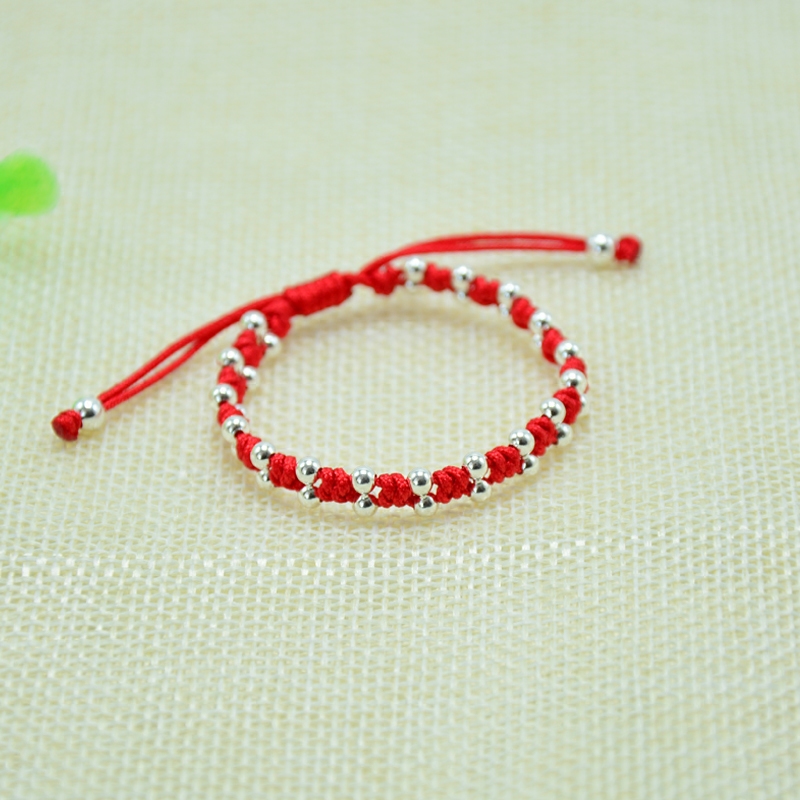 宝宝儿童新生婴儿红绳手链手工编织纯银银珠手链