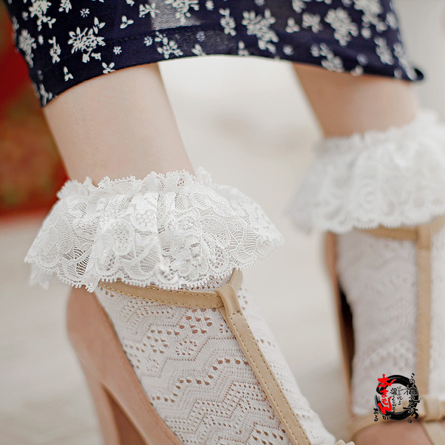 柚子日本进口波浪镂空高级蕾丝丝棉全棉女士短袜
