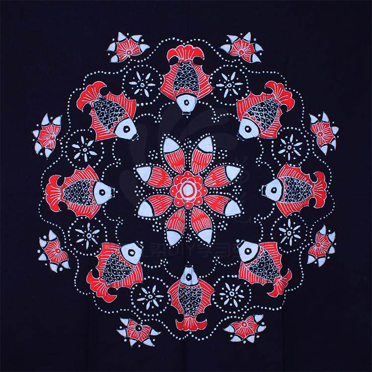 蜡染苗族手工染布桌布台布方巾连连有鱼红鱼苗族蜡染