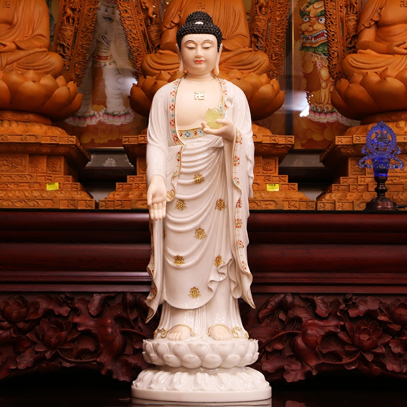 圆通佛具西方三圣汉白玉摆件白玉彩绘阿弥陀佛观音佛像大势至菩萨