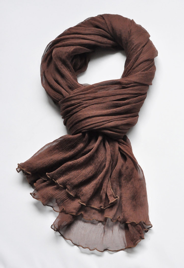 咖啡色围巾真丝丝巾桑蚕蚕丝纱巾女长款纯色褶皱围巾