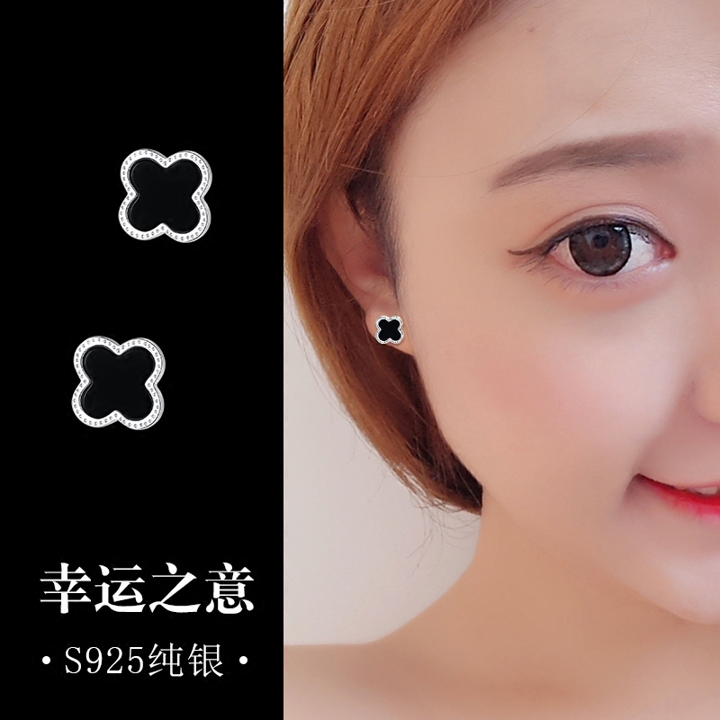 925纯银耳钉女2021年新款潮耳环2022黑色银饰耳饰简约四叶草小巧