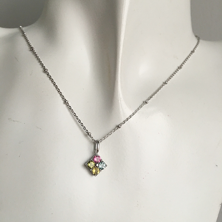 彩虹幸运草 天然糖果碧玺 四叶草造型 S925纯银镀白金项链