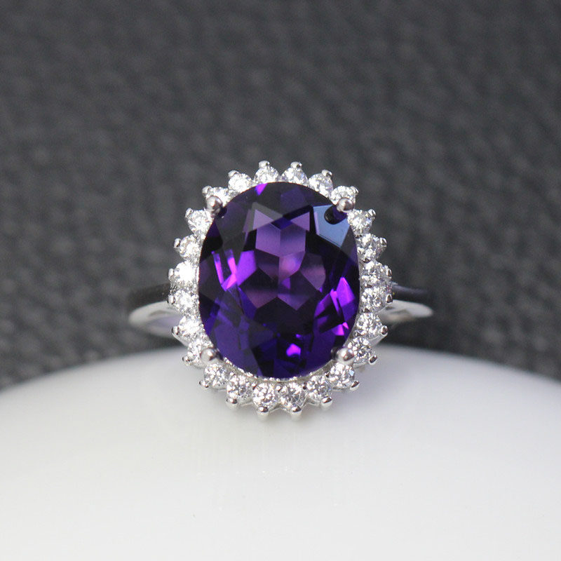 神秘碧玺镶嵌戒指戴妃女款紫色宝石纯银带钻戒指