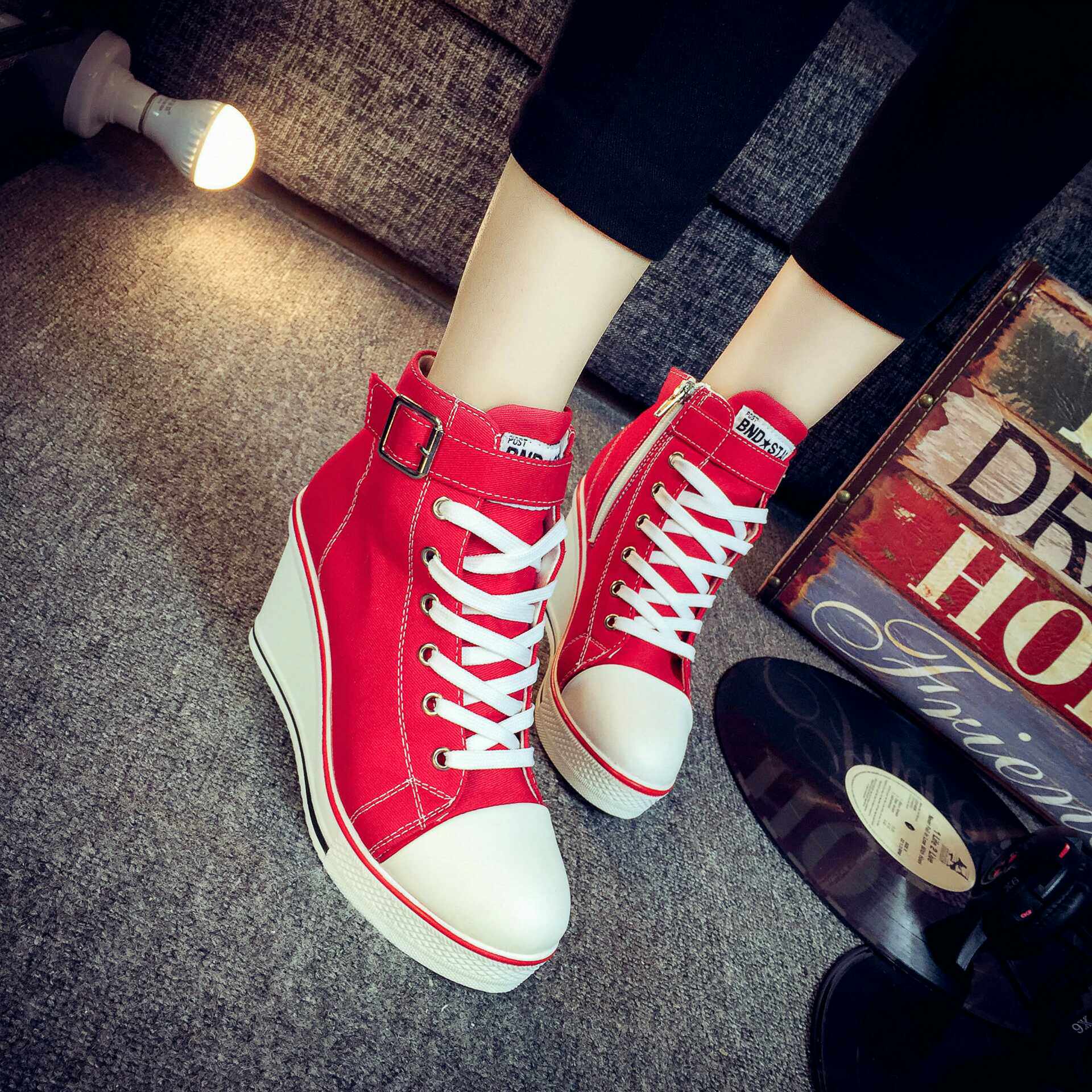 新款坡跟帆布布鞋厘米高跟韩版拉链系带大码帆布鞋