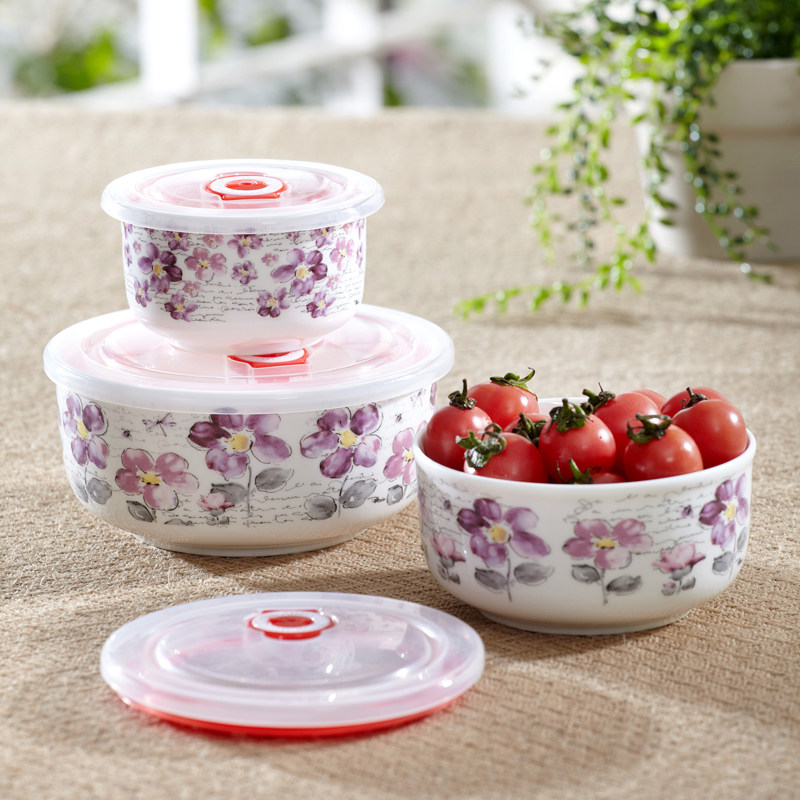 爱屋格林美式创意花卉田园陶瓷大中小带盖保鲜沙拉碗