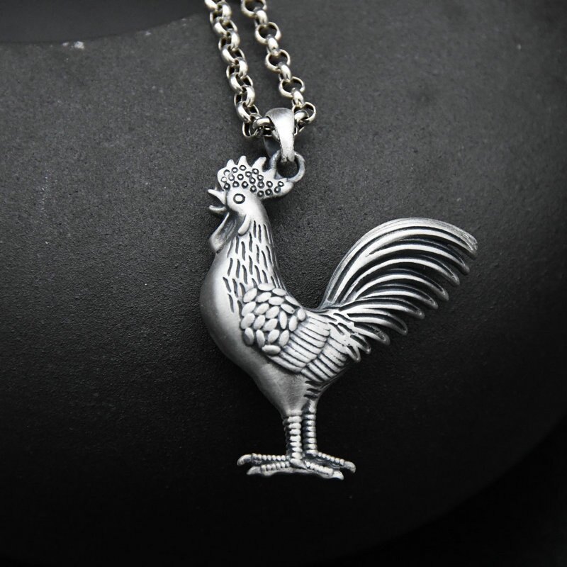 吊坠新款纯银生肖古风公鸡毛衣链挂复古泰银男项坠