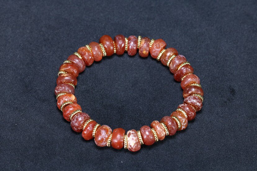 保真千年古珠西周时期红玉红色玛瑙满沁满白皮手链