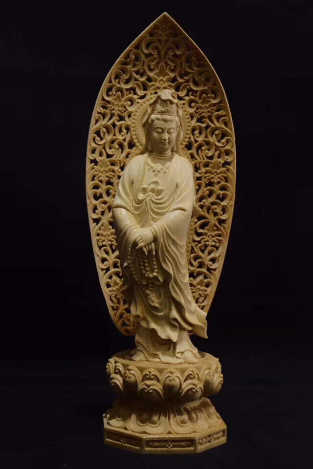 桧木精雕站莲背光佛珠观音菩萨佛教家居供奉木雕