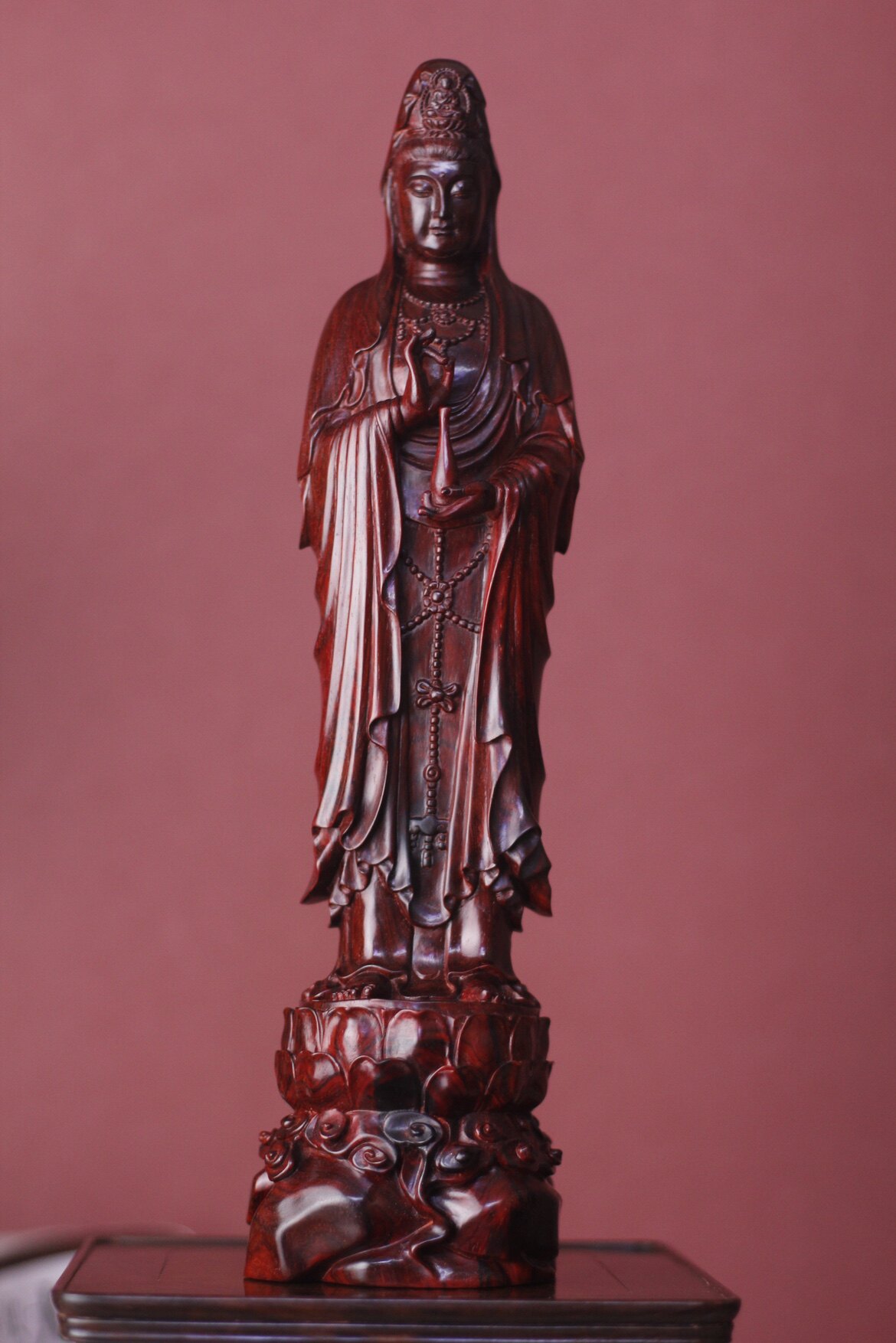 印度小叶紫檀木雕净瓶观音莲花如意菩萨佛像木雕