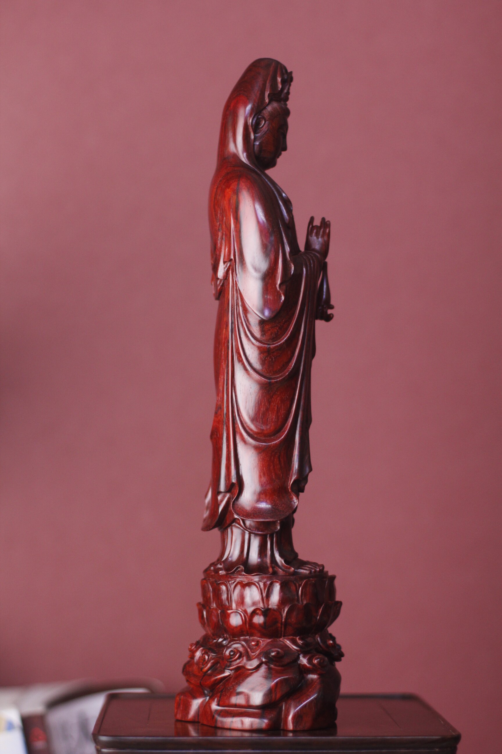 印度小叶紫檀木雕净瓶观音莲花如意菩萨佛像木雕