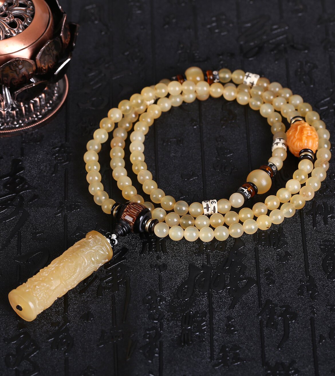 藏传羊角108颗佛珠毛衣男女手链菩提根金丝竹佛珠