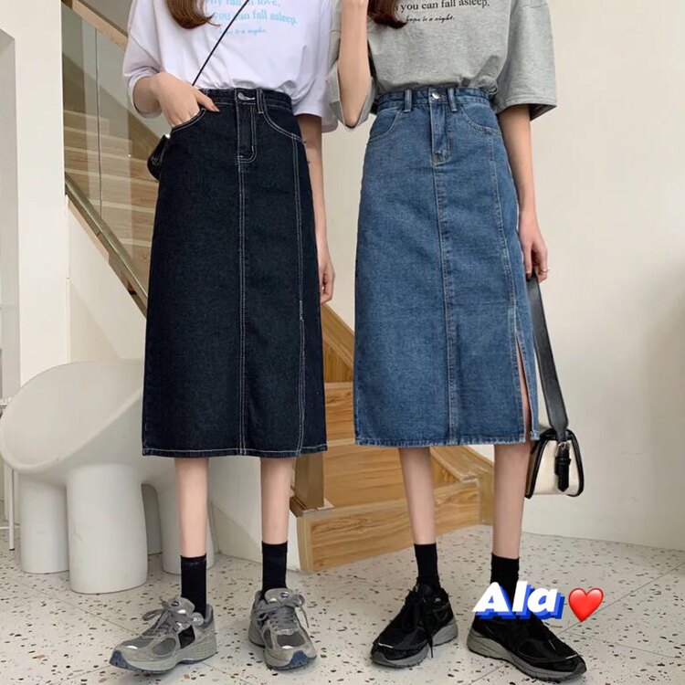 穿搭春夏新款牛仔直筒半身裙女侧开中长款中半身裙