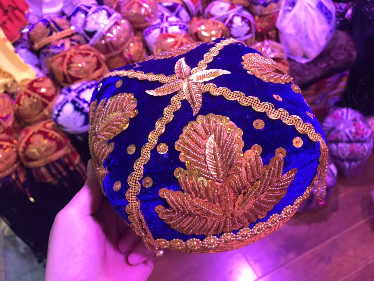 女士新疆花帽舞蹈演出帽子手工绣珠小花舞台帽子