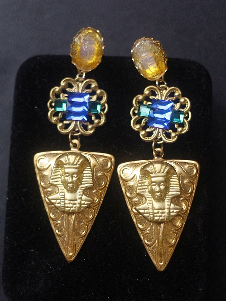 ayw埃及欧洲中古古董圣甲虫琉璃vintage耳环askew耳环