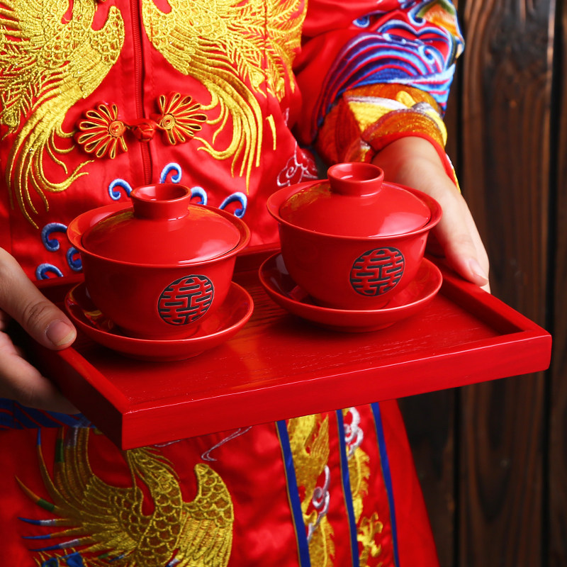 中式结婚夫妻长辈陶瓷红喜父母敬茶茶杯茶壶盖碗