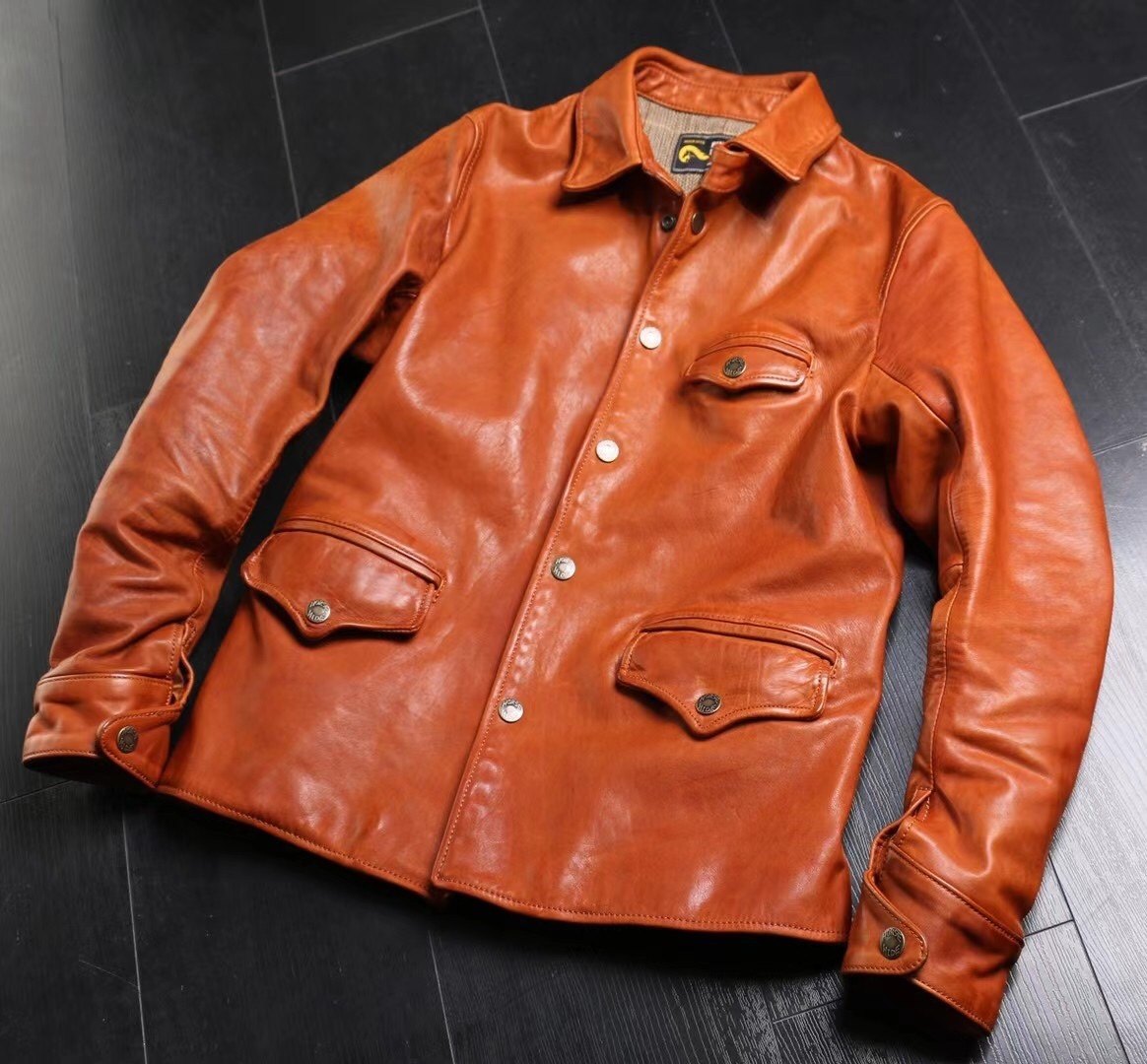 日单rrl风茶橘色限量复古皮衣美式司闸员马皮皮衣
