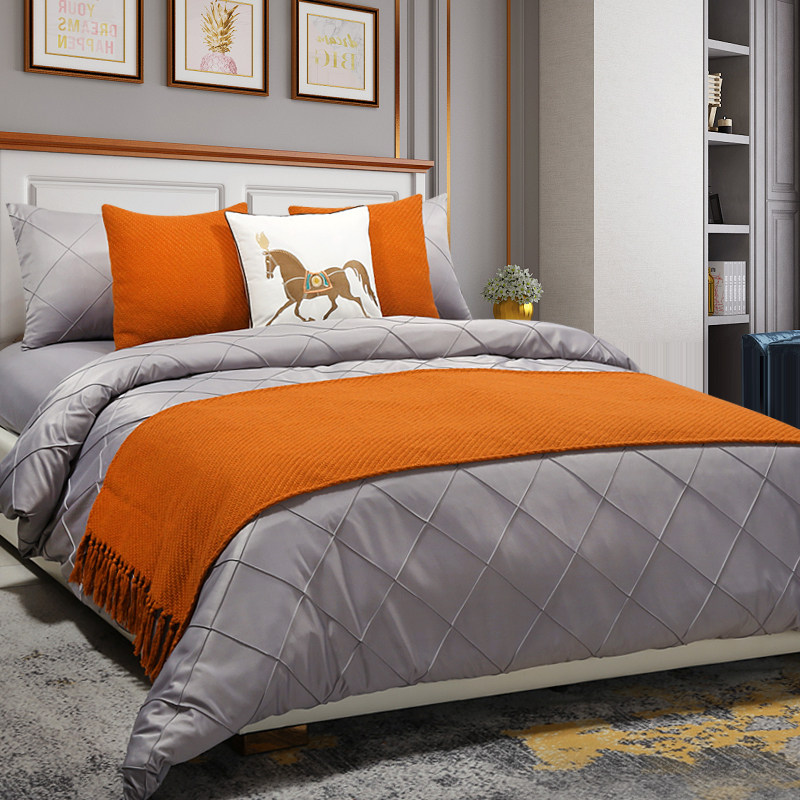 床品现代轻奢样板灰色橙色蓝色套件绣花精品床品套件