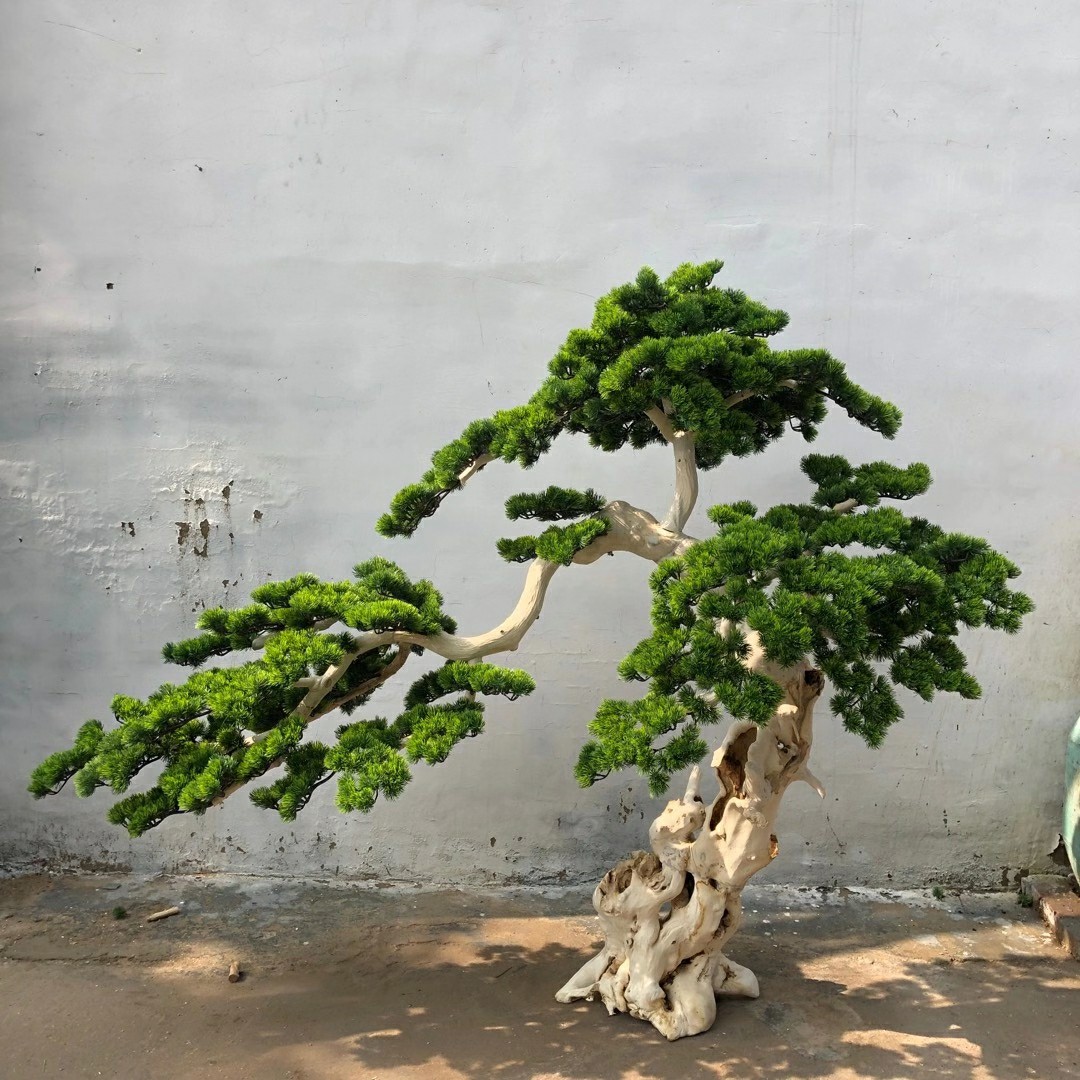松树仿真盆景迎客松造型大型实木雪松马尾松木雕仿真植物盆景