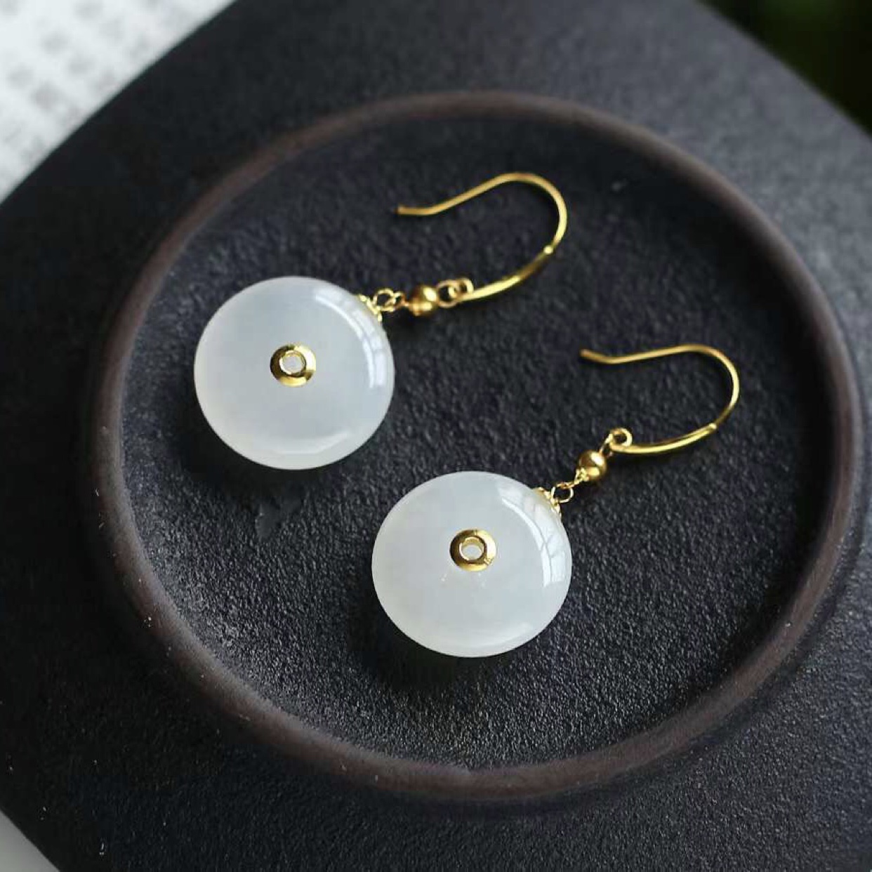 天然新疆和田白玉平安扣耳坠18k厚金镶嵌羊脂耳环