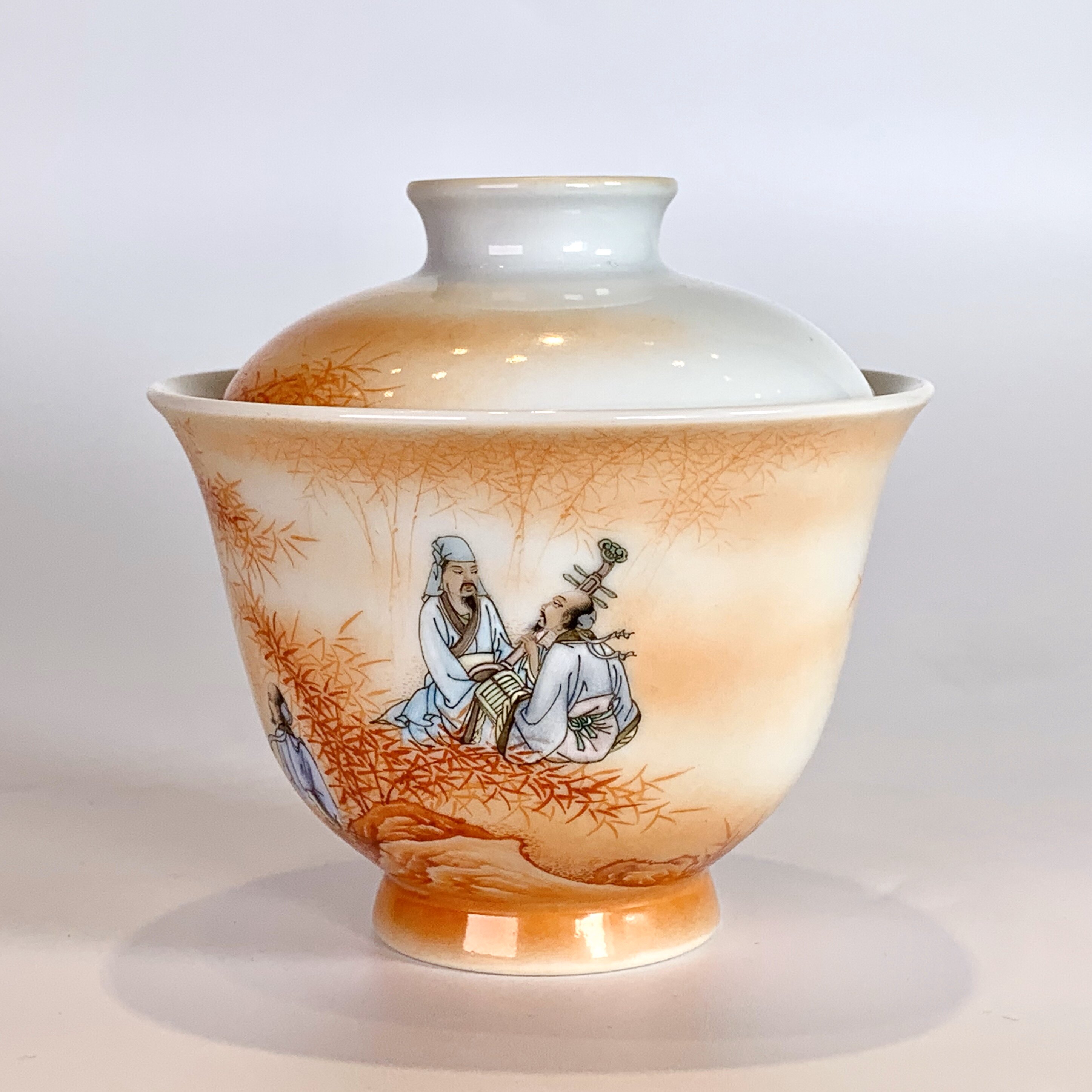 余寅窑矾红粉彩竹林七贤高士人物大盖碗泡茶器盖杯文化创意杯子