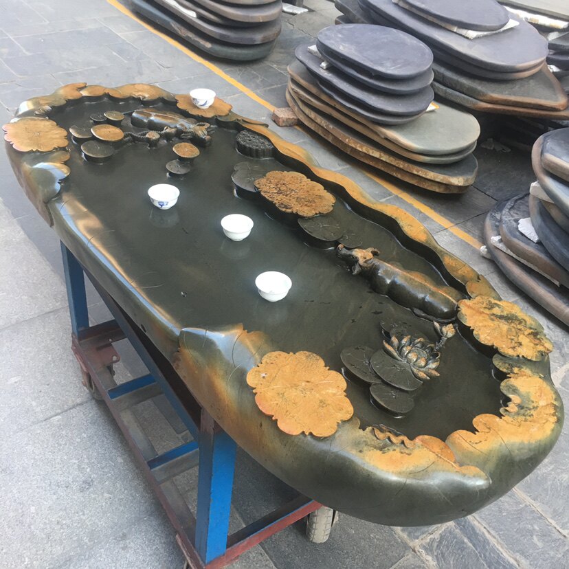 肇庆绿端石茶盘家用中式端砚排水砚石茶海天然茶盘