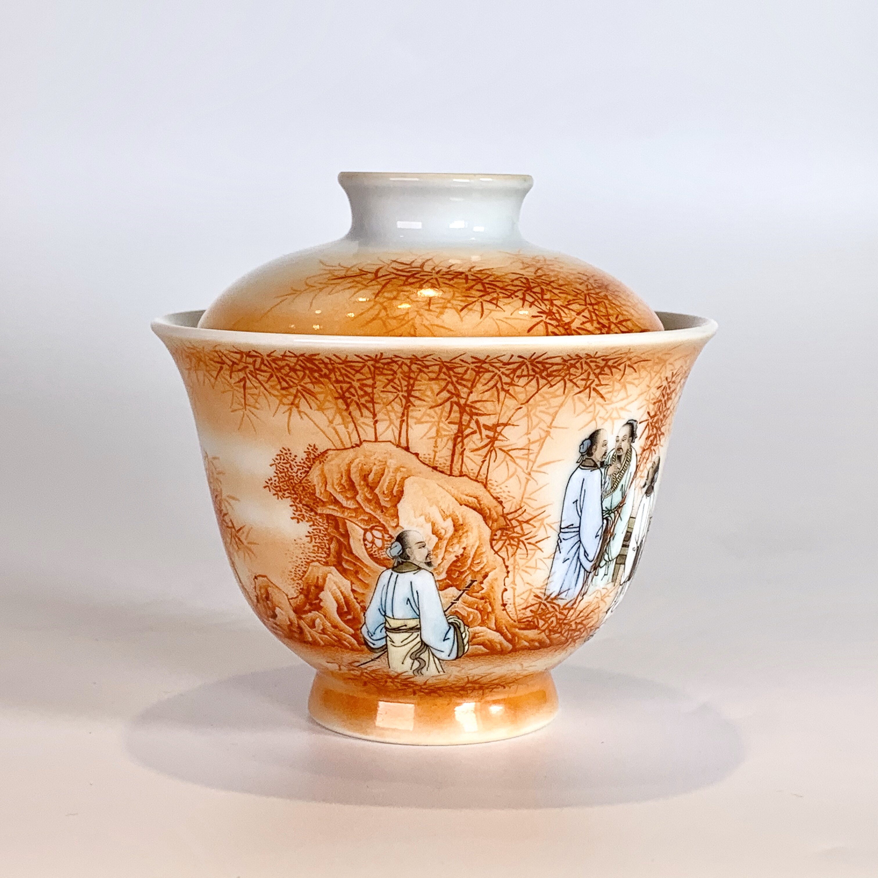 余寅窑矾红粉彩竹林七贤高士人物大盖碗泡茶器盖杯文化创意杯子