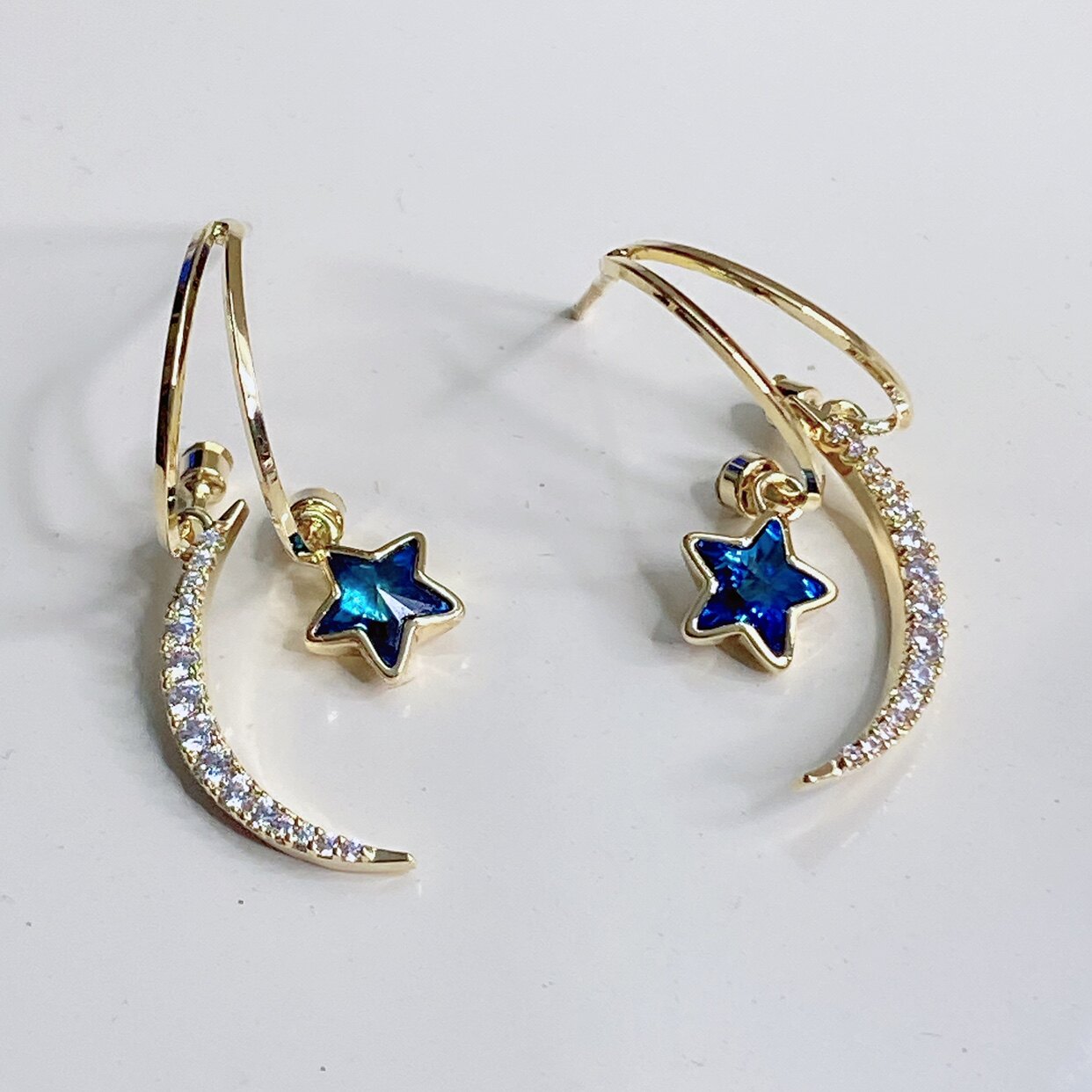 丽银新款日韩时尚水晶星月亮精致耳环925银针c圈气质百搭女耳饰