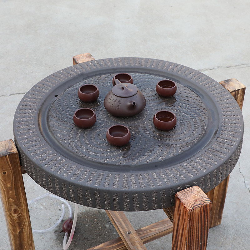 宜兴紫砂茶盘 大号圆形茶桌 紫砂茶海 石磨 时来运转送木架