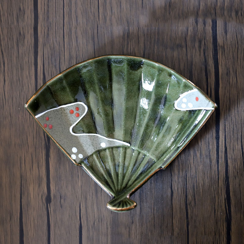 日本手绘织部异形盘子复古奢华风怀石料理扇形盘