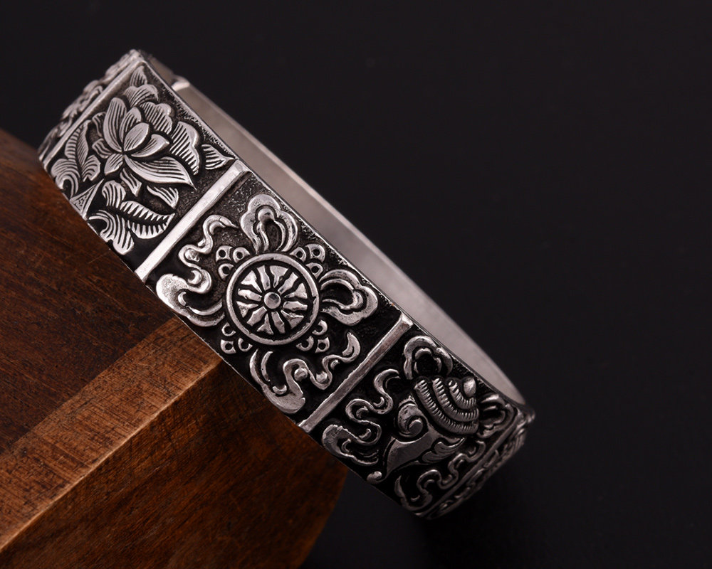 纯银手镯镯子浮雕藏传佛教吉祥八宝足银手环银饰手镯