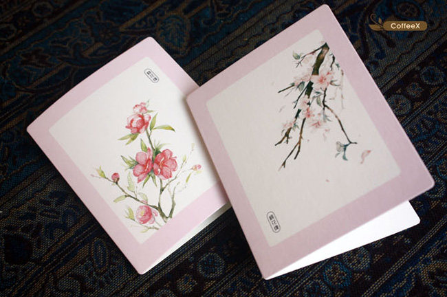 中式古画贺片水彩桃花贺卡仿古复古古典中国贺卡