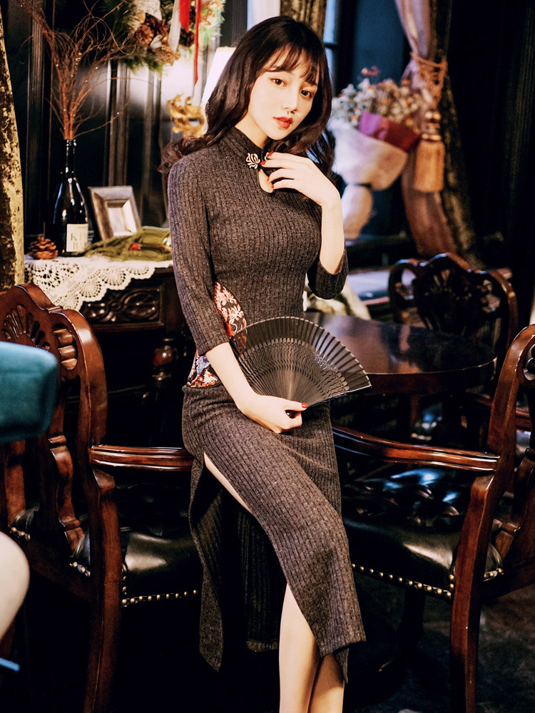 年轻修身性感气质少女复古中国国风黑色蚀骨旗袍