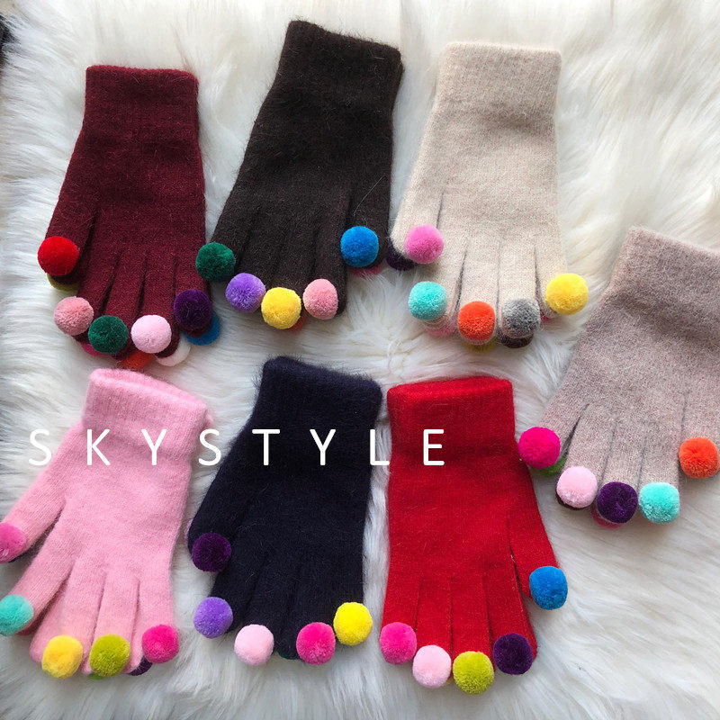 手套韩版彩色毛绒球手女冬五指学生可爱卡通手套