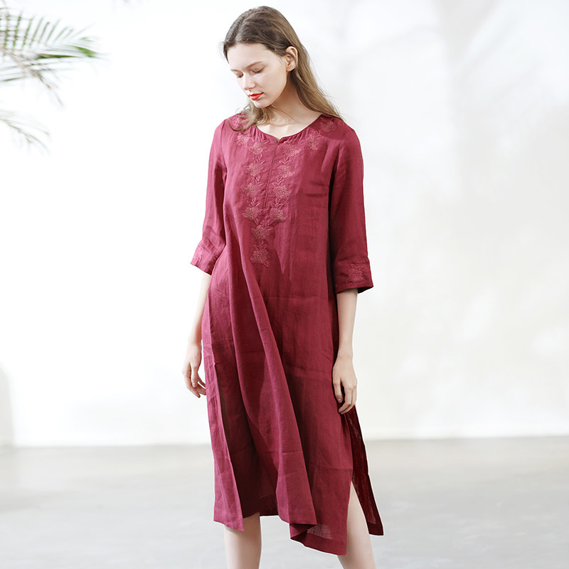 出口英国外贸原单2020秋季新款女装七分袖亚麻刺绣宽松连衣裙红色